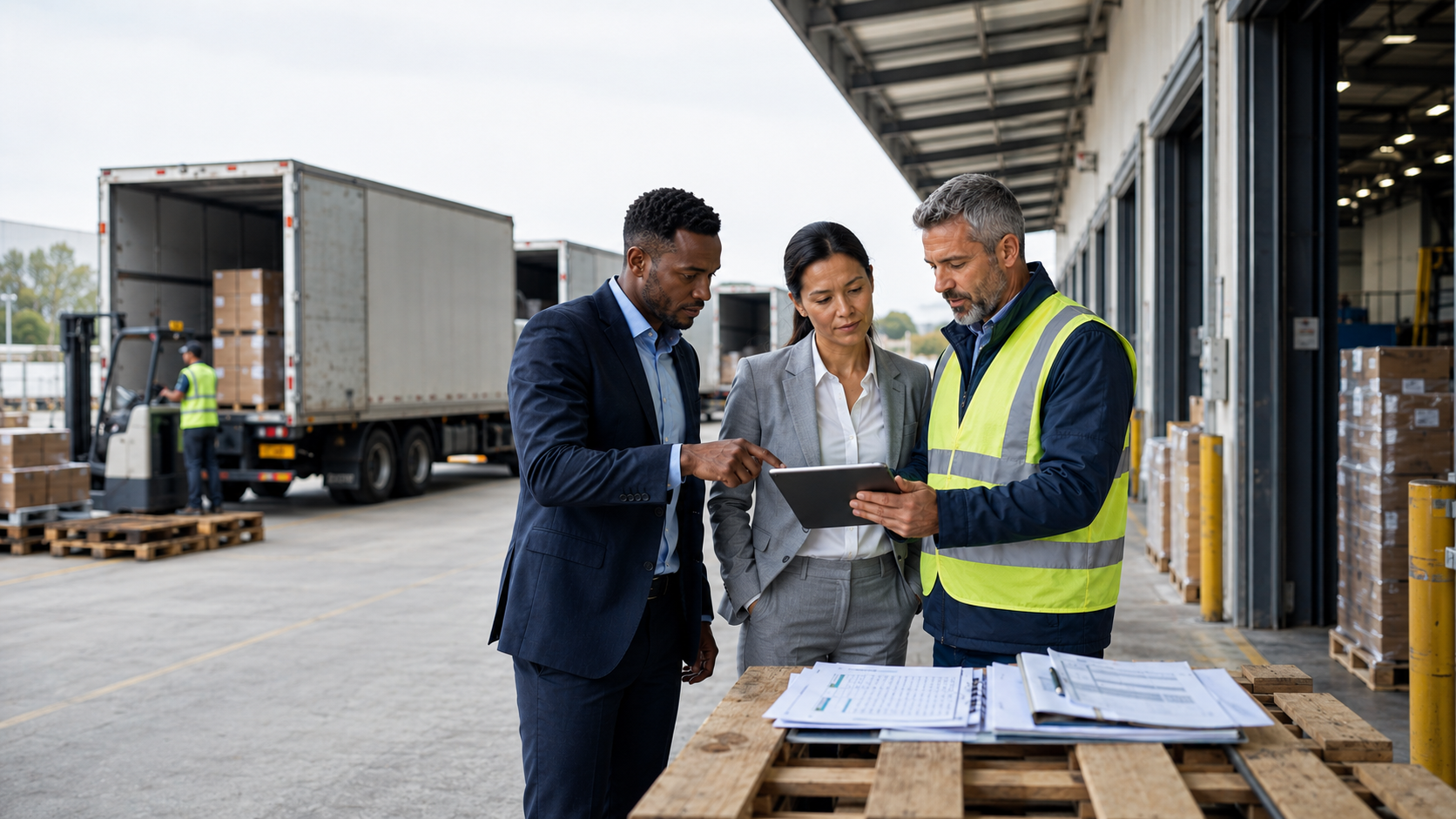 Collateral review team inspecting logistics documentation at a distribution facility